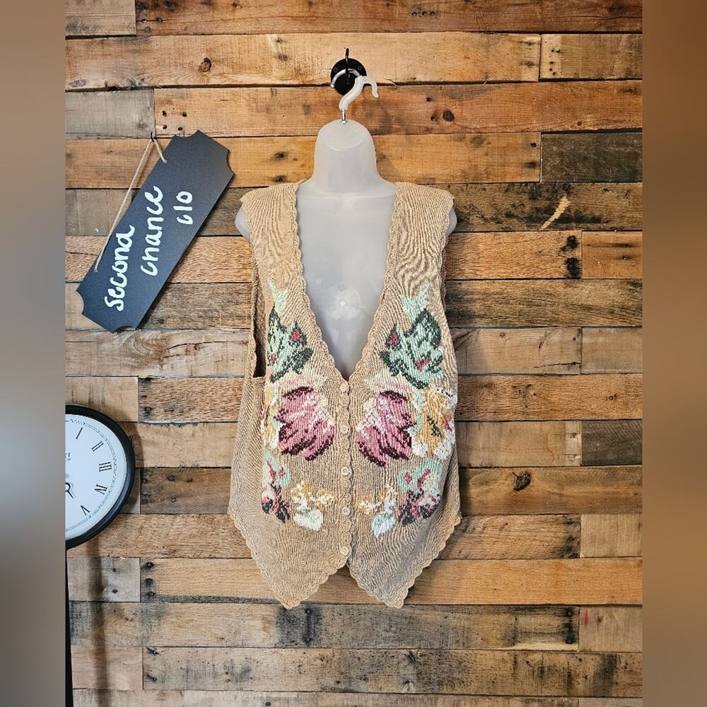 Gina Peters Women's Vintage Knit Floral Cottagecore Grandma Shabby Chic Vest L